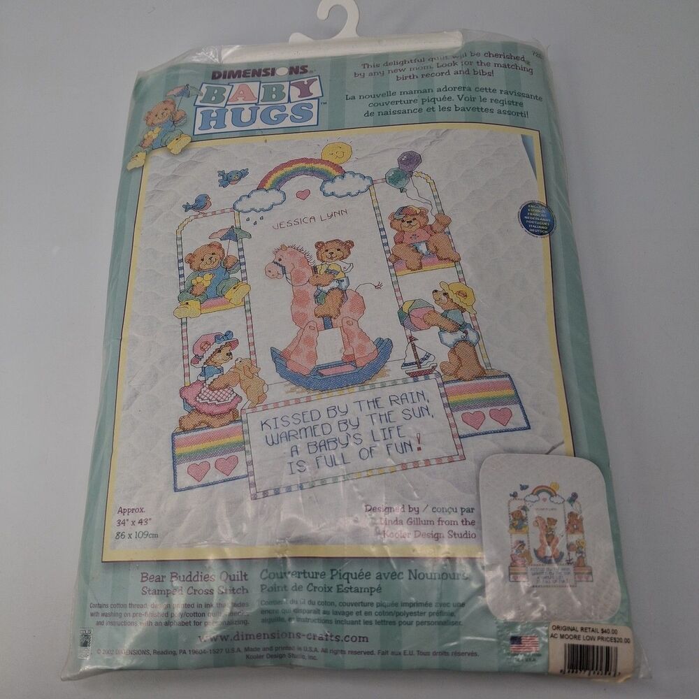NEW Dimensions Baby Hugs Stamped Cross Stitch Bear Buddies Quilt Kit 72817